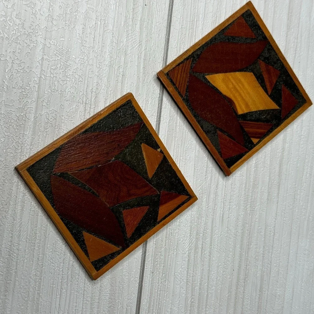 Vintage Wooden Mosaic Coasters Set of 2 Geometric Inlay Wood Decor Home Accent